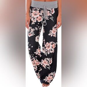 Floral print pajama pants, Color: Black, Size: Medium
